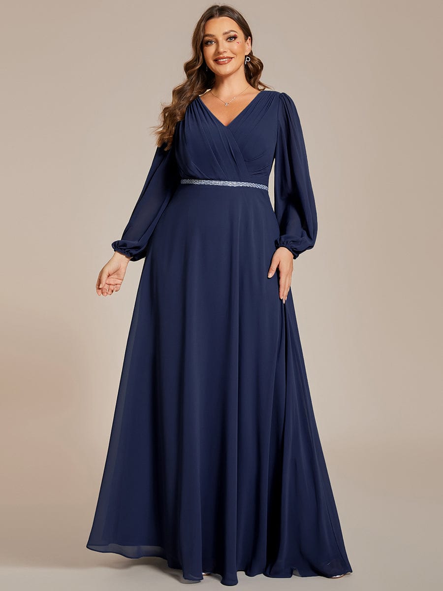 Plus Size A-Line V-Neck See-Through Long Sleeves Shiny Belt Chiffon Evening Dress #color_Navy Blue