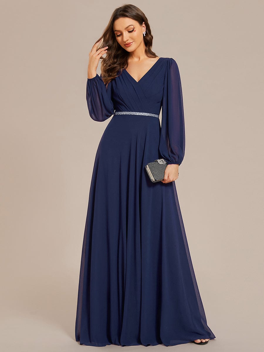 Pleated Double V-Neck Long Sleeves Shiny Belt Chiffon Evening Dress #color_Navy Blue