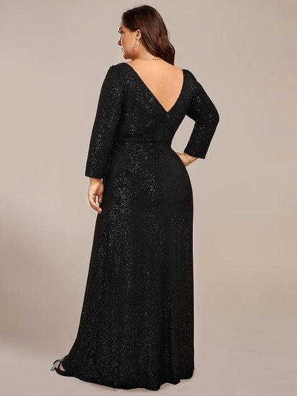 Plus Size Sparkling Long Sleeves Double V-Neck Sequin Evening Dress #color_Black