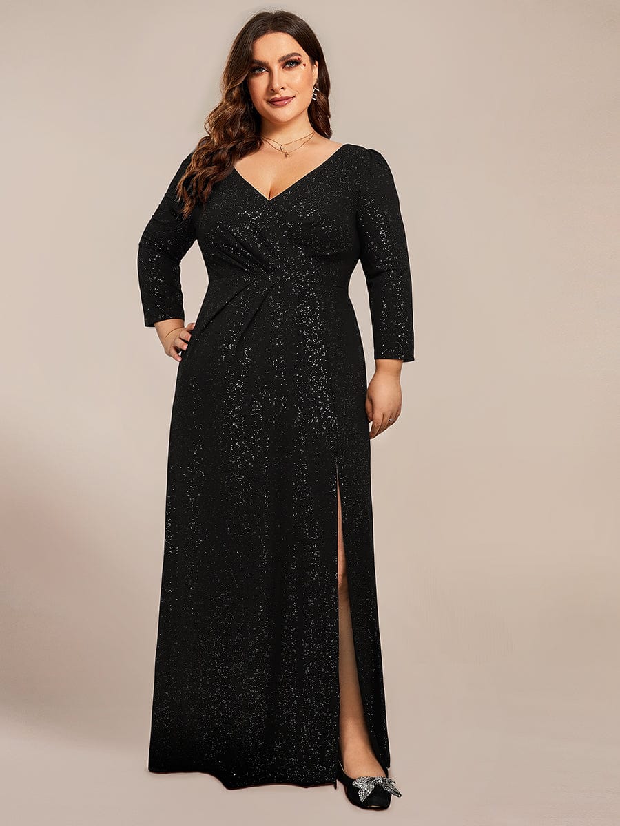 Plus Size Sparkling Long Sleeves Double V-Neck Sequin Evening Dress #color_Black