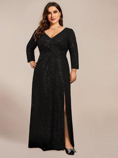 Plus Size Sparkling Long Sleeves Double V-Neck Sequin Evening Dress #color_Black