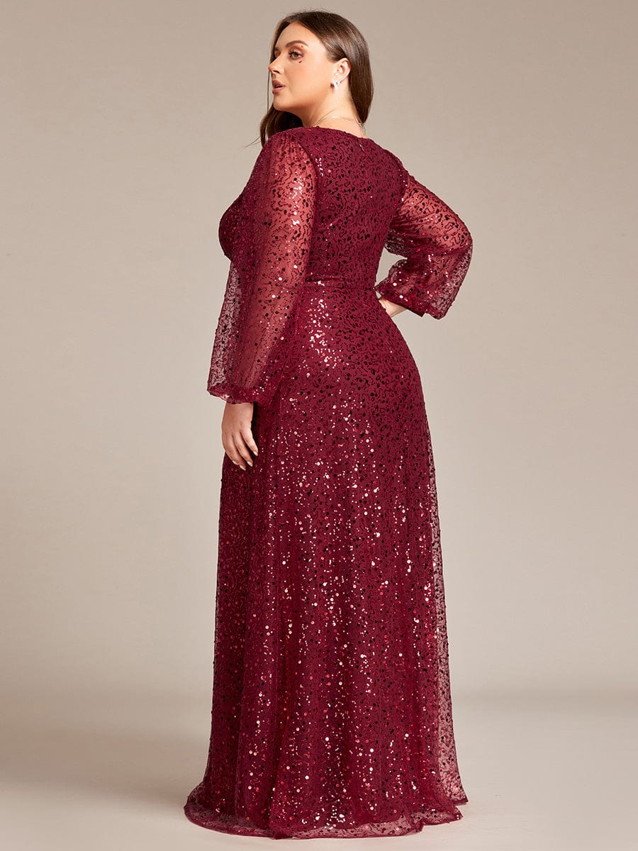 Shimmering All Over V-Neck Long Lantern Sleeve Sequin A-Line Evening Dress #color_Burgundy