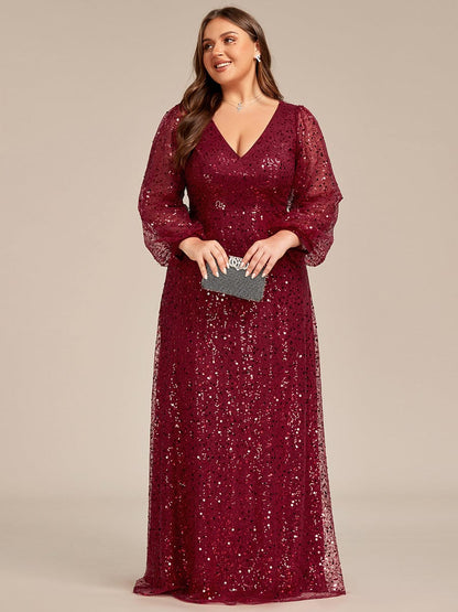 Shimmering All Over V-Neck Long Lantern Sleeve Sequin A-Line Evening Dress #color_Burgundy