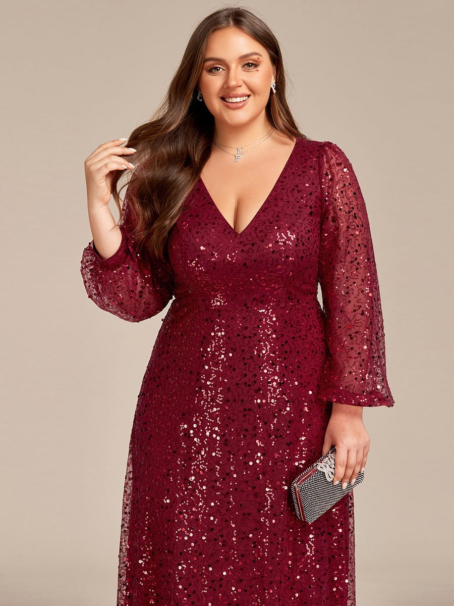 Plus Size V-Neck Lantern Long Sleeve Sequin A-Line Evening Dress #color_Burgundy