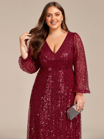 Shimmering All Over V-Neck Long Lantern Sleeve Sequin A-Line Evening Dress #color_Burgundy