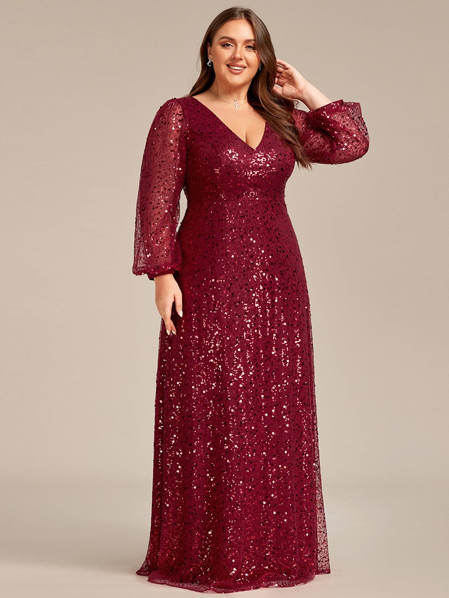 Plus Size V-Neck Lantern Long Sleeve Sequin A-Line Evening Dress #color_Burgundy