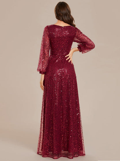 Shimmering All Over V-Neck Long Lantern Sleeve Sequin A-Line Evening Dress #color_Burgundy