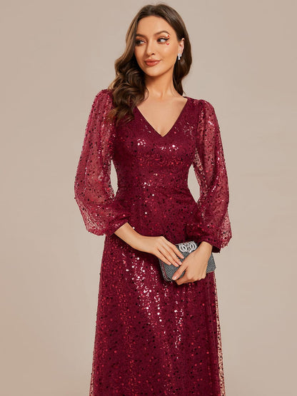 Shimmering All Over V-Neck Long Lantern Sleeve Sequin A-Line Evening Dress #color_Burgundy