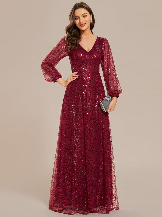 Shimmering All Over V-Neck Long Lantern Sleeve Sequin A-Line Evening Dress #color_Burgundy