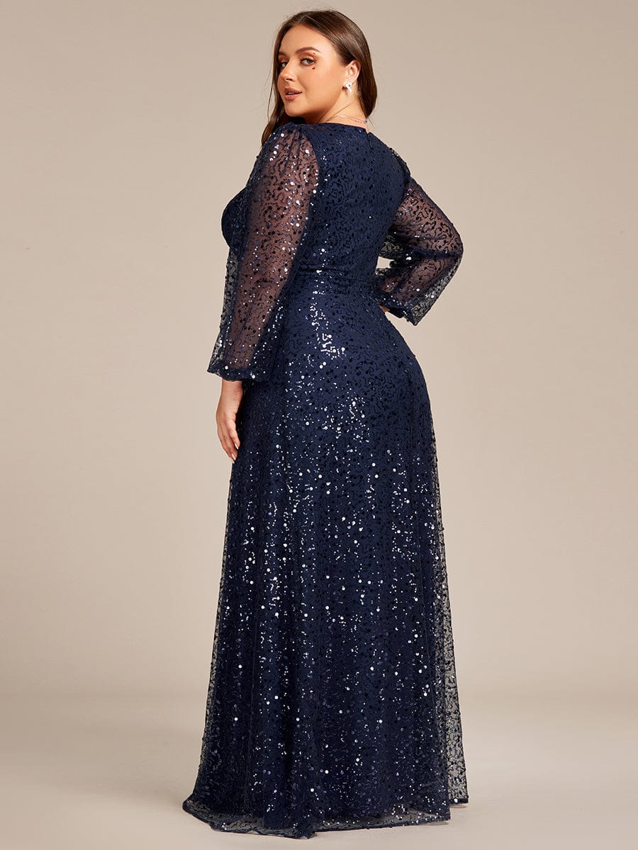 Plus Size V-Neck Lantern Long Sleeve Sequin A-Line Evening Dress #color_Navy Blue