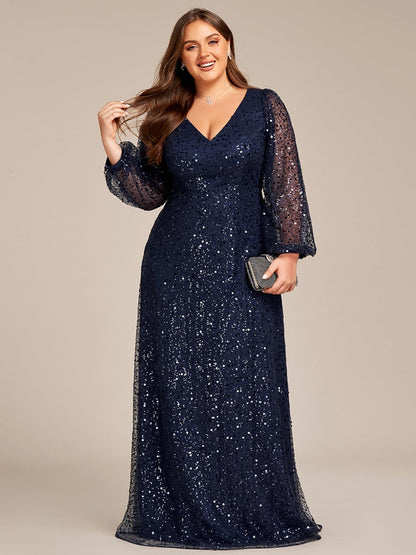 Plus Size V-Neck Lantern Long Sleeve Sequin A-Line Evening Dress #color_Navy Blue