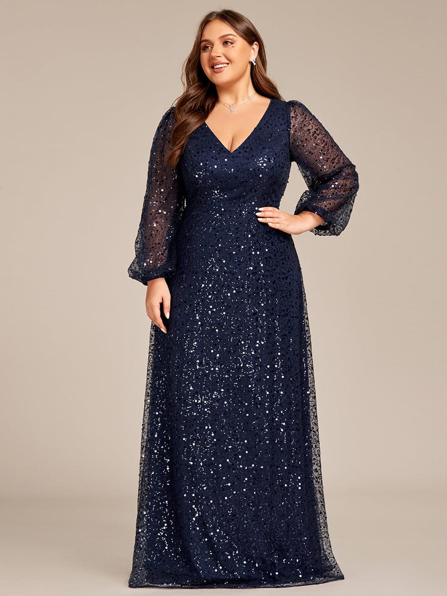 Plus Size V-Neck Lantern Long Sleeve Sequin A-Line Evening Dress #color_Navy Blue