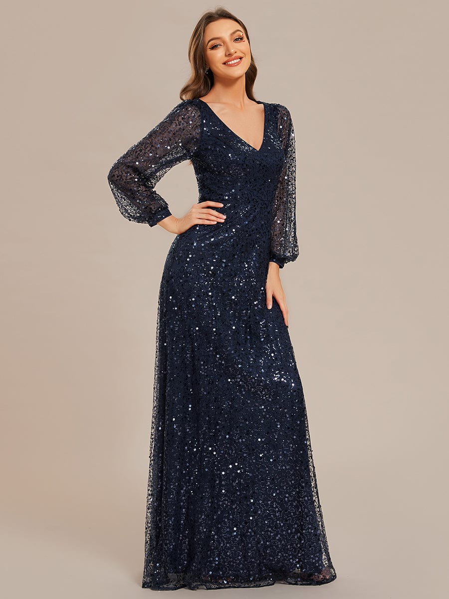 Shimmering All Over V-Neck Long Lantern Sleeve Sequin A-Line Evening Dress #color_Navy Blue