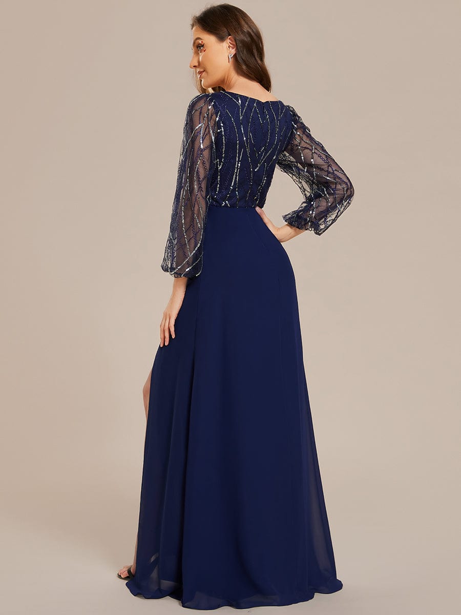 Sequin See-through Long Sleeves High Slit Chiffon A-Line Evening Dress #color_Navy Blue