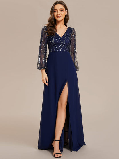 Sequin See-through Long Sleeves High Slit Chiffon A-Line Evening Dress #color_Navy Blue