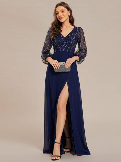 Sequin See-through Long Sleeves High Slit Chiffon A-Line Evening Dress #color_Navy Blue