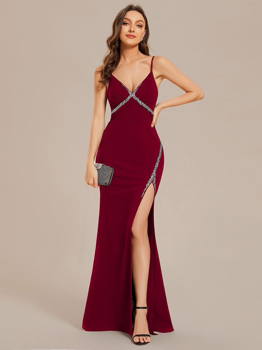 Simple Spaghetti Straps High Slit Bodycon Evening Dress with Rhinestone #color_Burgundy