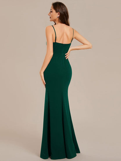 Simple Spaghetti Straps High Slit Bodycon Evening Dress with Rhinestone #color_Dark Green