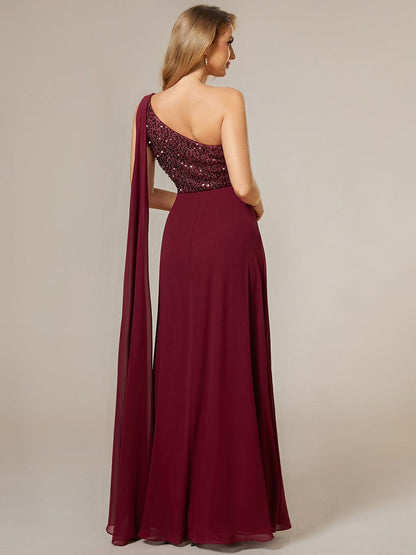 Sleeveless Chiffon A-Line Shinny Sequin Bodice One Shoulder Evening Dress #color_Burgundy