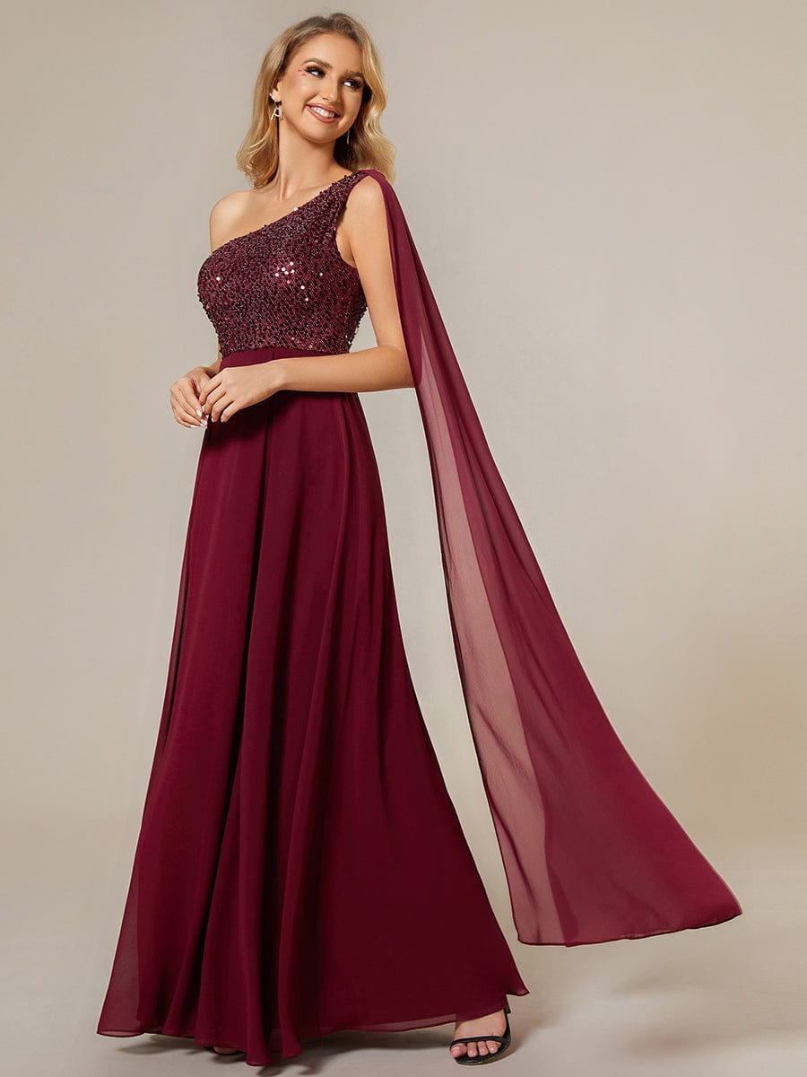 Sleeveless Chiffon A-Line Shinny Sequin Bodice One Shoulder Evening Dress #color_Burgundy