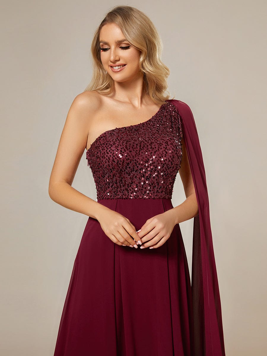 Sleeveless Chiffon A-Line Shinny Sequin Bodice One Shoulder Evening Dress #color_Burgundy