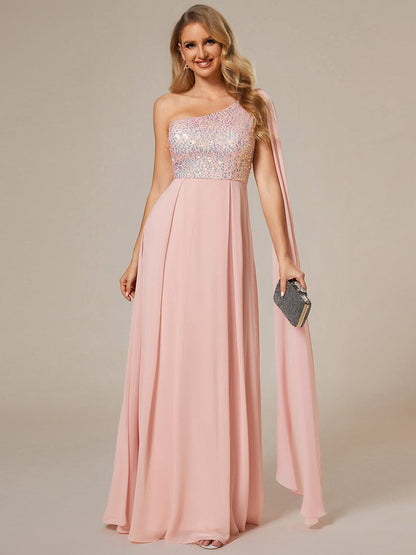 Sleeveless Chiffon A-Line Shinny Sequin Bodice One Shoulder Evening Dress #color_Pink