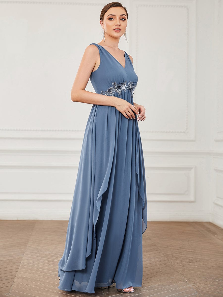 Chiffon Sleeveless Sequin Waist Layered Floor-Length Evening Dres #color_Dusty Navy