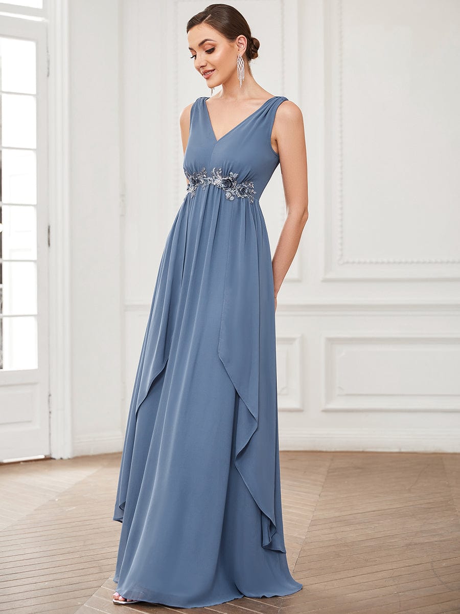 Chiffon Sleeveless Sequin Waist Layered Floor-Length Evening Dres #color_Dusty Navy