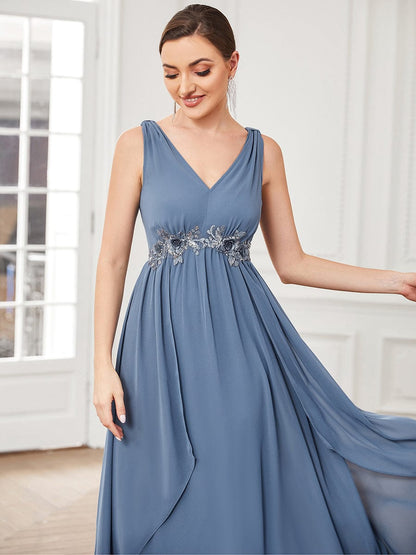 Chiffon Sleeveless Sequin Waist Layered Floor-Length Evening Dres #color_Dusty Navy