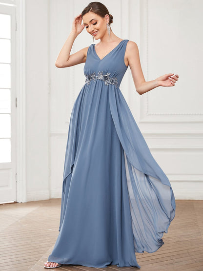 Chiffon Sleeveless Sequin Waist Layered Floor-Length Evening Dress