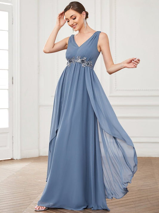 Chiffon Sleeveless Sequin Waist Layered Floor-Length Evening Dres #color_Dusty Navy