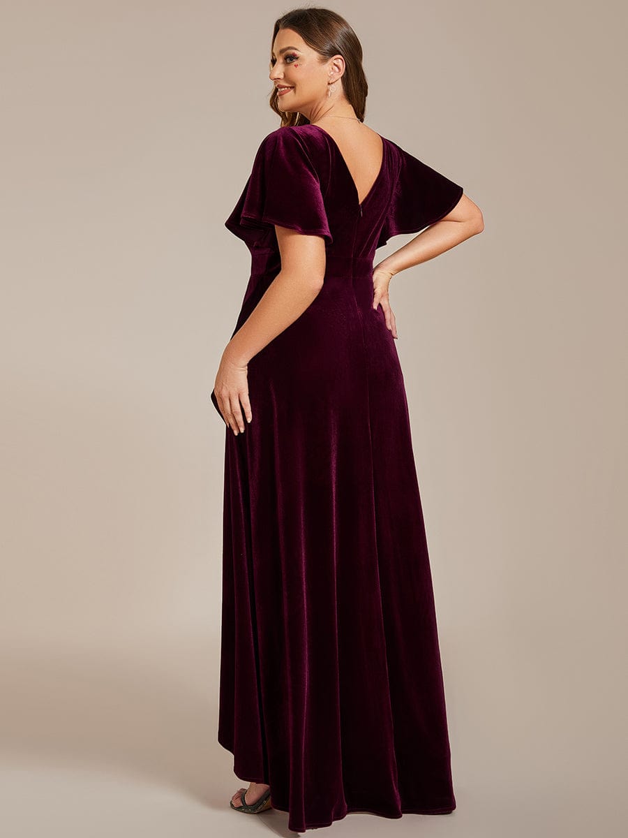 Double V-Neck Short Sleeves Stretchy Velvet Evening Dress with Lotus Leaf Hem #color_Burgundy