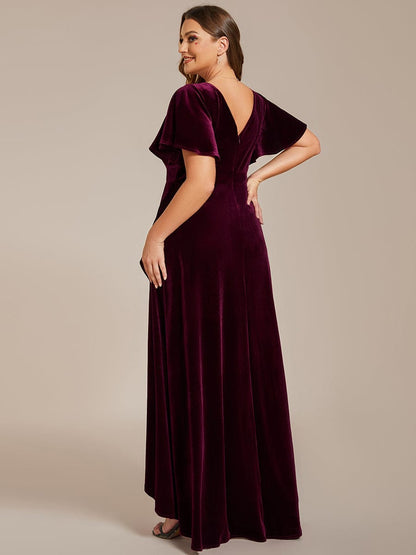 Double V-Neck Short Sleeves Stretchy Velvet Evening Dress with Lotus Leaf Hem #color_Burgundy