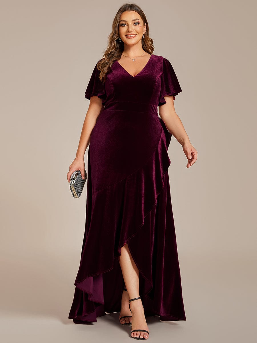 Double V-Neck Short Sleeves Stretchy Velvet Evening Dress with Lotus Leaf Hem #color_Burgundy