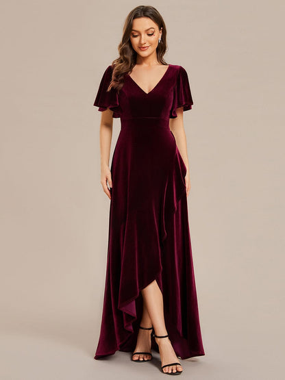 Double V-Neck Short Sleeves Stretchy Velvet Evening Dress with Lotus Leaf Hem #color_Burgundy