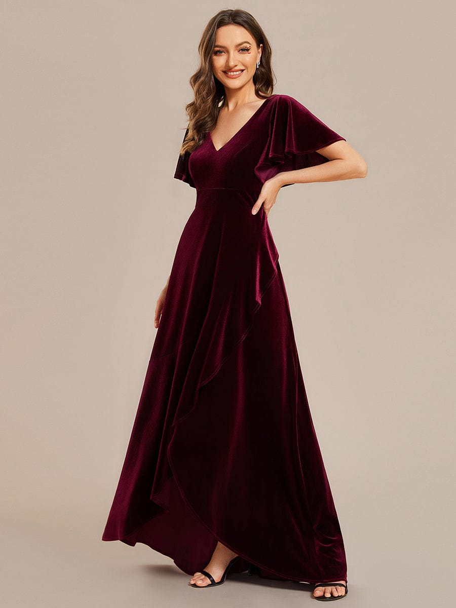 Double V-Neck Short Sleeves Stretchy Velvet Evening Dress with Lotus Leaf Hem #color_Burgundy