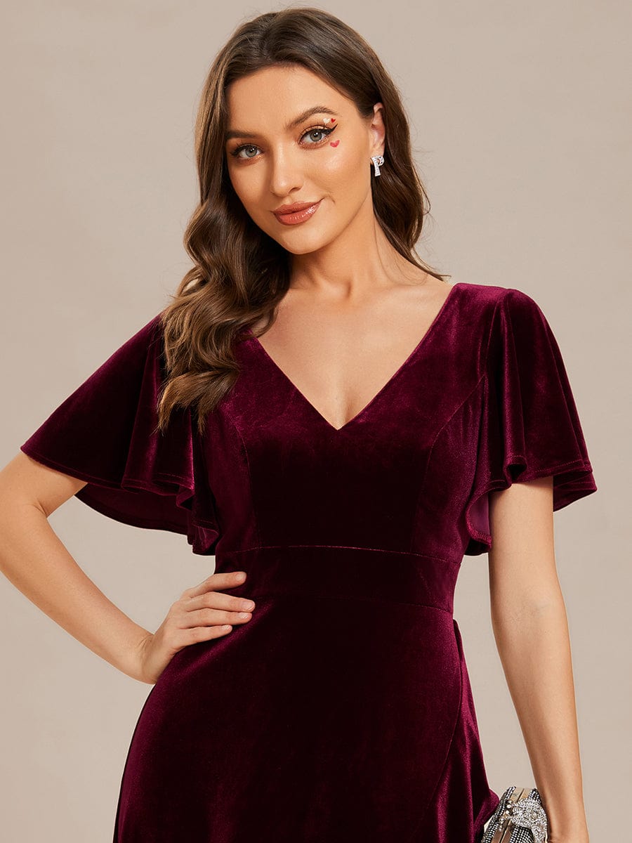 Double V-Neck Short Sleeves Stretchy Velvet Evening Dress with Lotus Leaf Hem #color_Burgundy