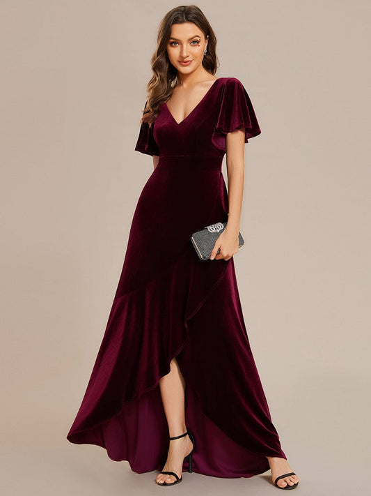 Double V-Neck Short Sleeves Stretchy Velvet Evening Dress with Lotus Leaf Hem #color_Burgundy