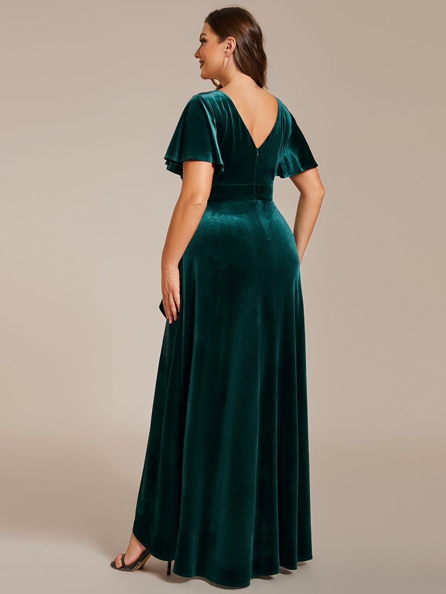 Double V-Neck Short Sleeves Stretchy Velvet Evening Dress with Lotus Leaf Hem #color_Dark Green