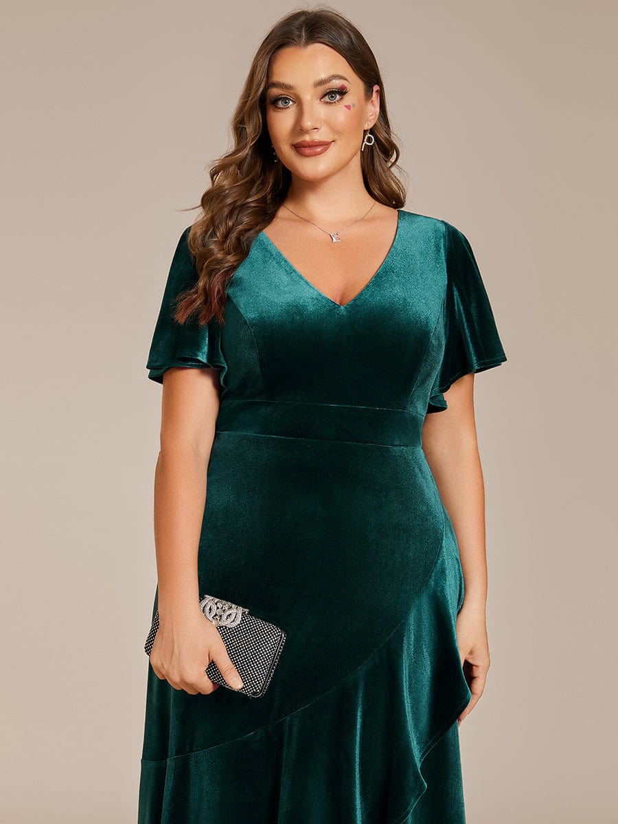 Double V-Neck Short Sleeves Stretchy Velvet Evening Dress with Lotus Leaf Hem #color_Dark Green