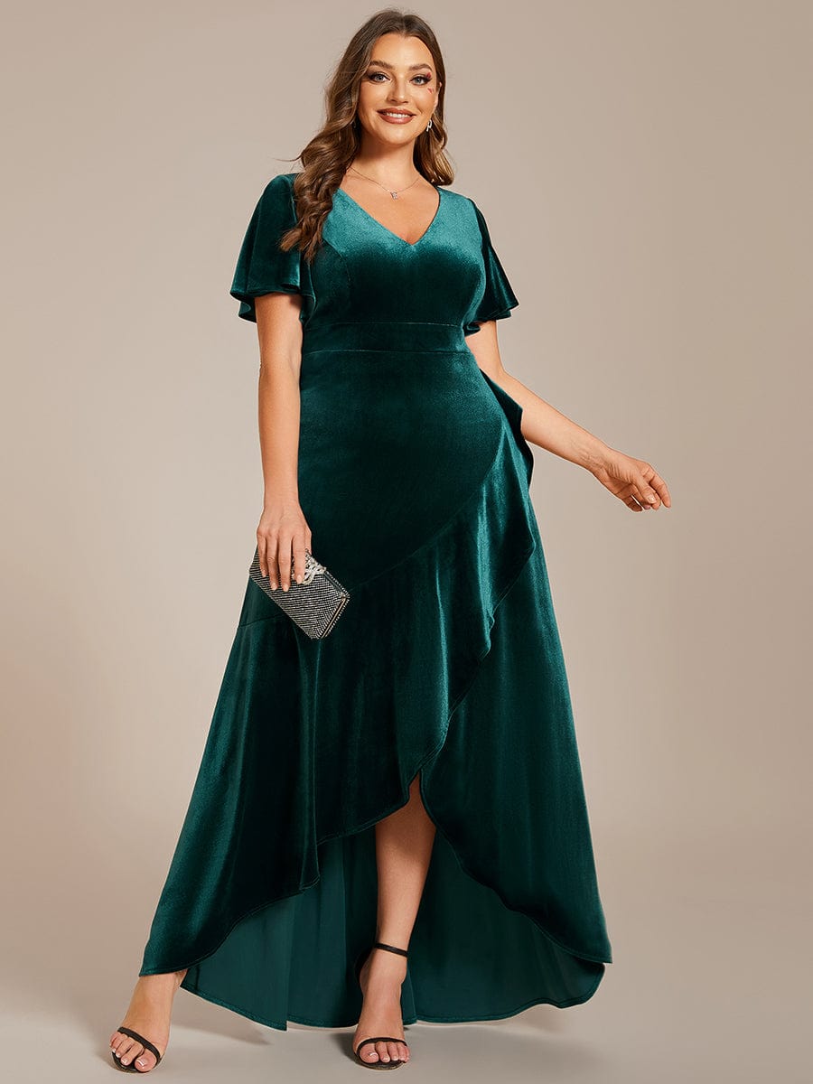 Double V-Neck Short Sleeves Stretchy Velvet Evening Dress with Lotus Leaf Hem #color_Dark Green