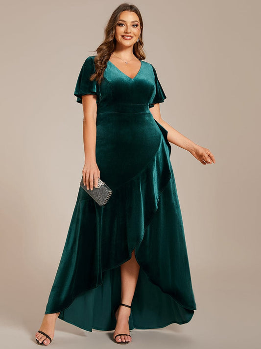 Plus Size Lotus Leaf Hem A-Line V-Neck Ruffles Sleeve Velvet Evening Dress #color_Dark Green