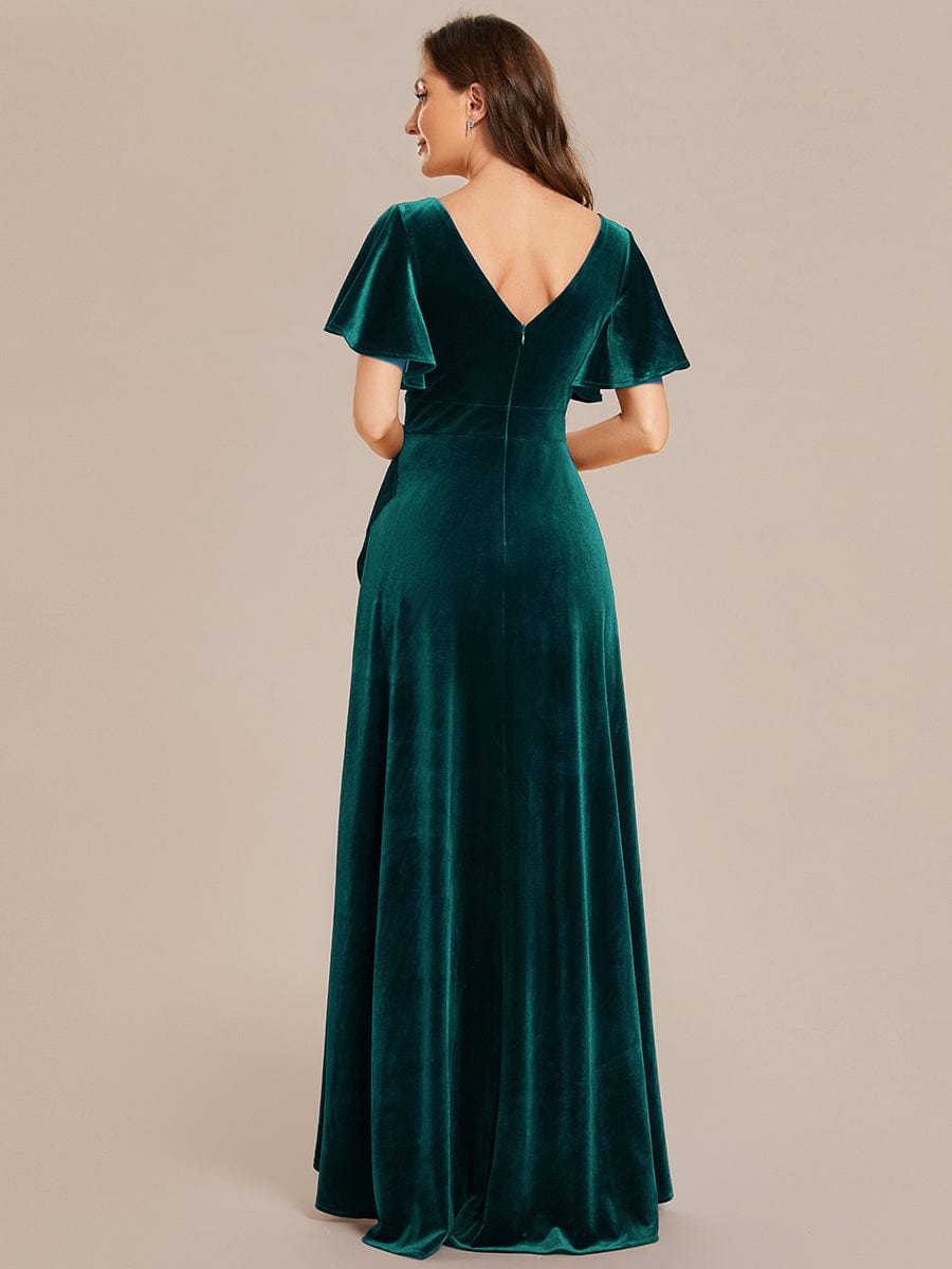 Double V-Neck Short Sleeves Stretchy Velvet Evening Dress with Lotus Leaf Hem #color_Dark Green