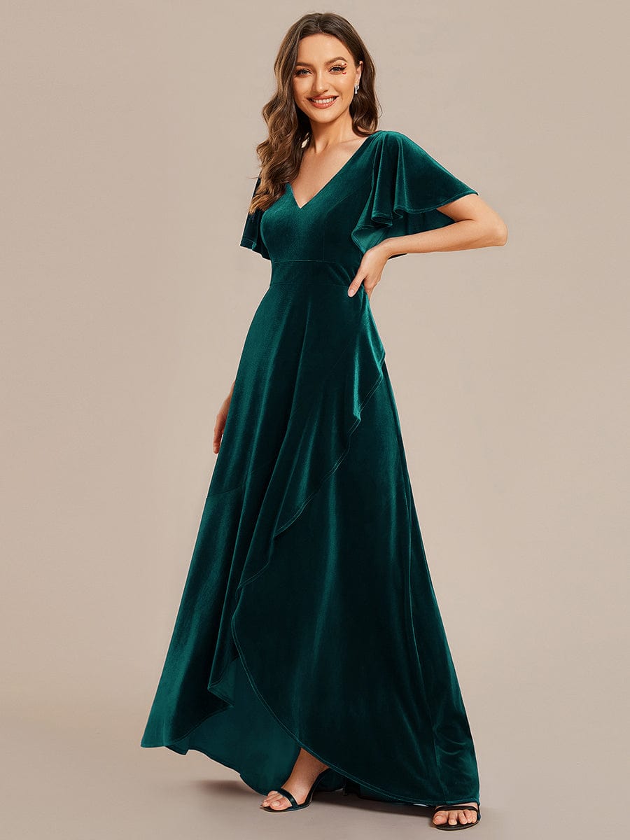 Double V-Neck Short Sleeves Stretchy Velvet Evening Dress with Lotus Leaf Hem #color_Dark Green