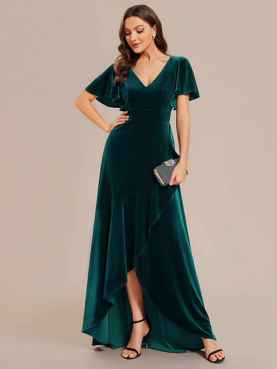 Double V-Neck Short Sleeves Stretchy Velvet Evening Dress with Lotus Leaf Hem #color_Dark Green