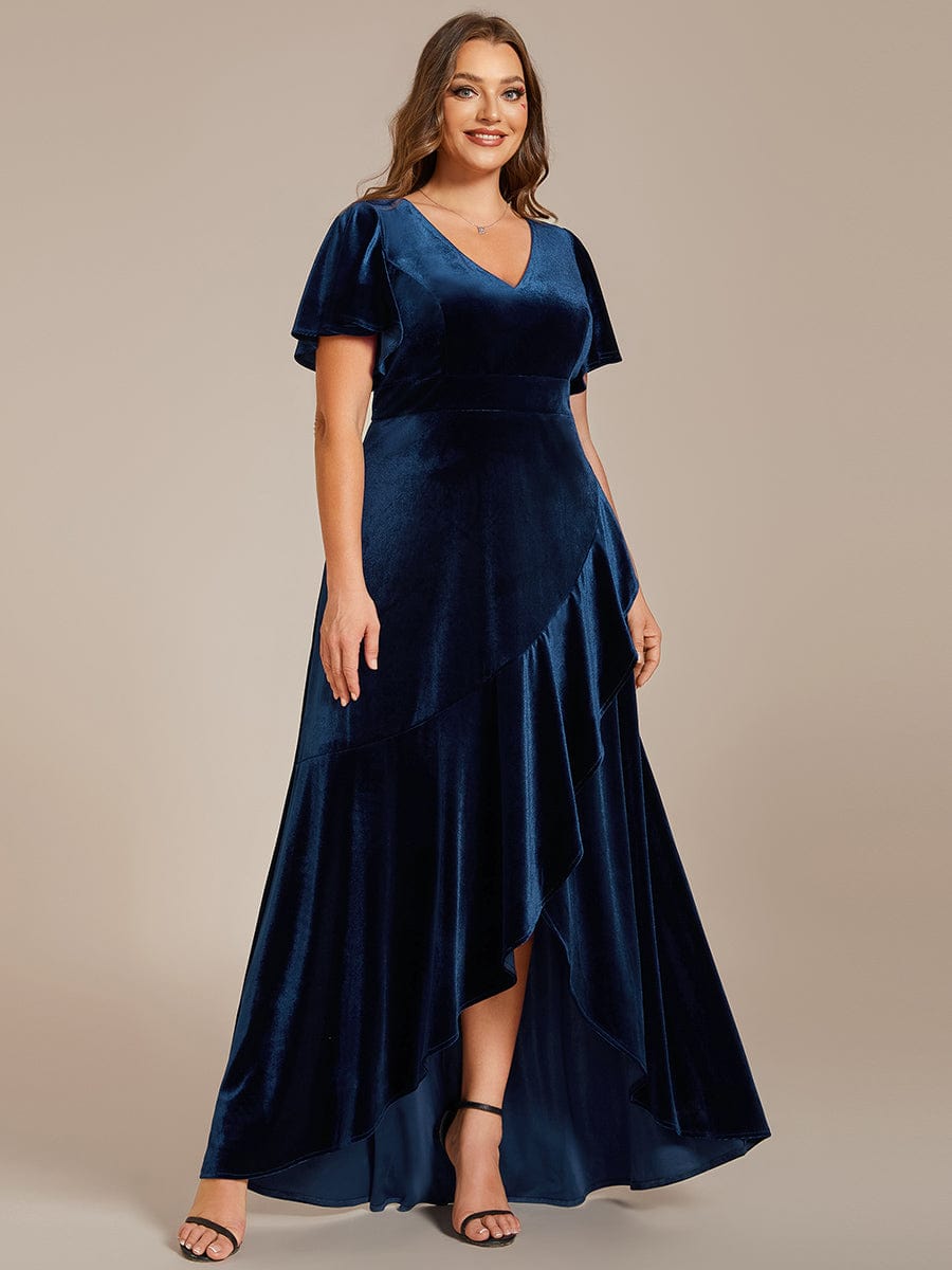 Double V-Neck Short Sleeves Stretchy Velvet Evening Dress with Lotus Leaf Hem #color_Navy Blue