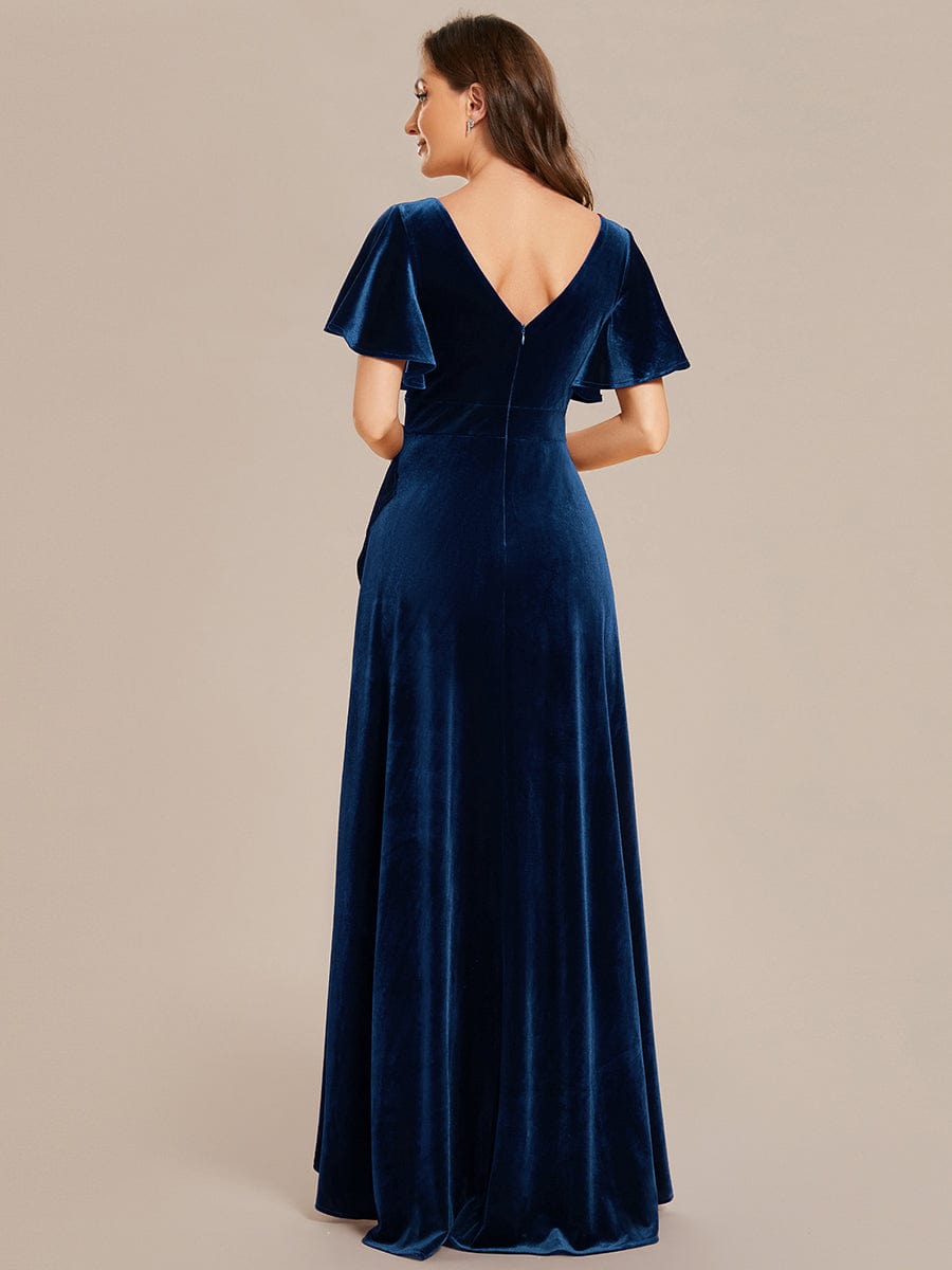 Double V-Neck Short Sleeves Stretchy Velvet Evening Dress with Lotus Leaf Hem #color_Navy Blue