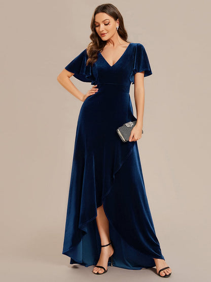 Double V-Neck Short Sleeves Stretchy Velvet Evening Dress with Lotus Leaf Hem #color_Navy Blue