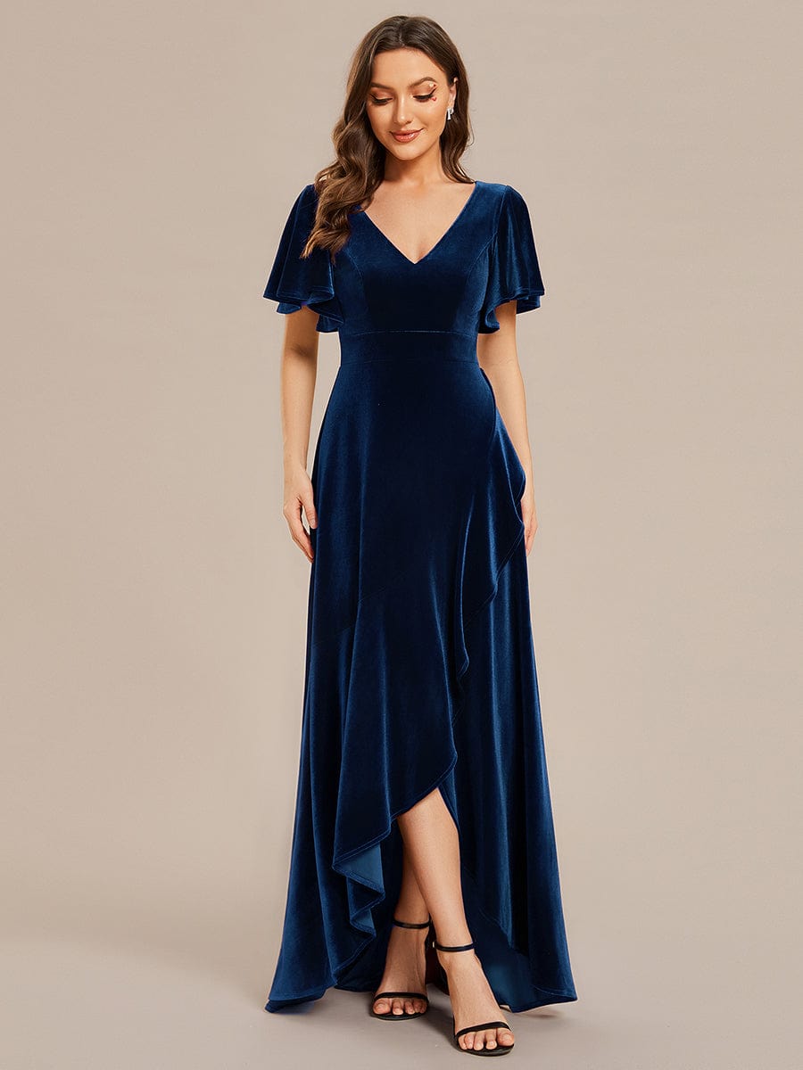 Double V-Neck Short Sleeves Stretchy Velvet Evening Dress with Lotus Leaf Hem #color_Navy Blue