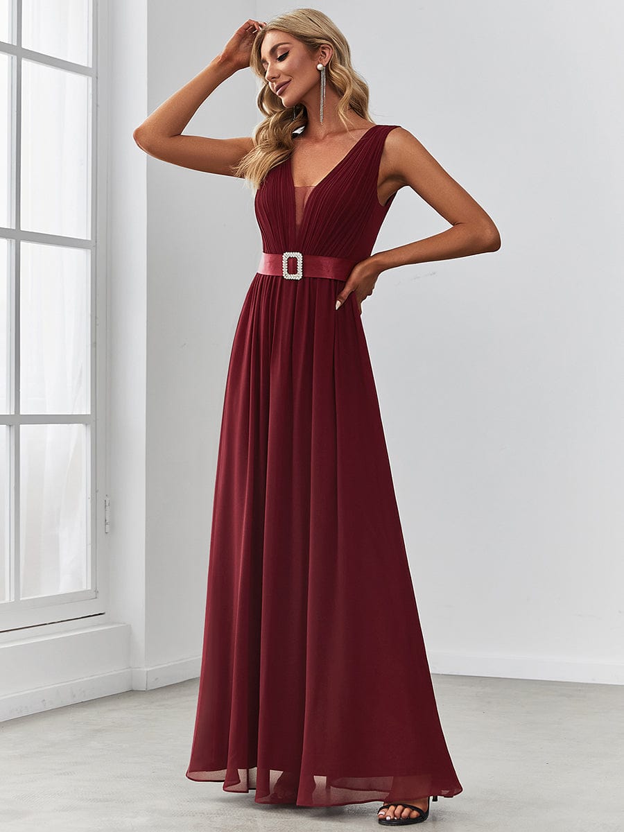 Chiffon Illusion V-Neck Sequin Belt A-Line Evening Dress #color_Burgundy 